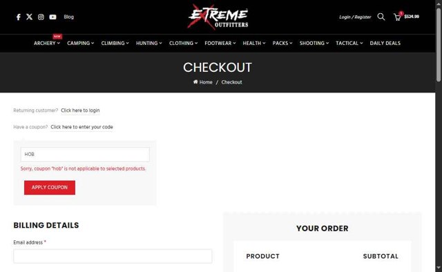 Extreme Outfitters checkout page showing Extreme Outfitters discount code box | Screenshot taken by SimplyCodes community member on Aug 10, 2025