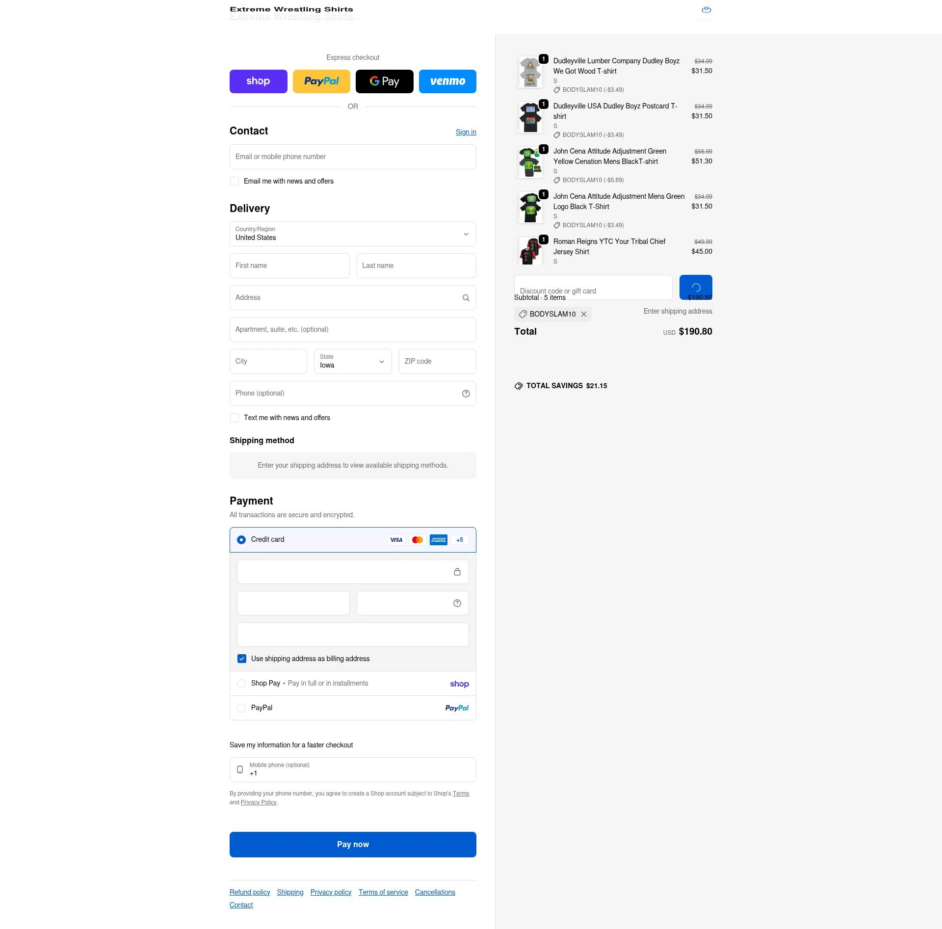 Extreme Wrestling Shirts checkout page showing Extreme Wrestling Shirts promo code box | Screenshot taken by SimplyCodes community member on Feb 14, 2026