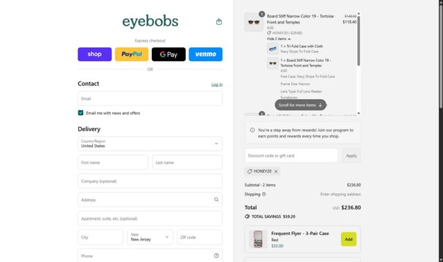 Eye Bobs checkout page showing Eye Bobs promo code box | Screenshot taken by SimplyCodes community member on Sep 7, 2025