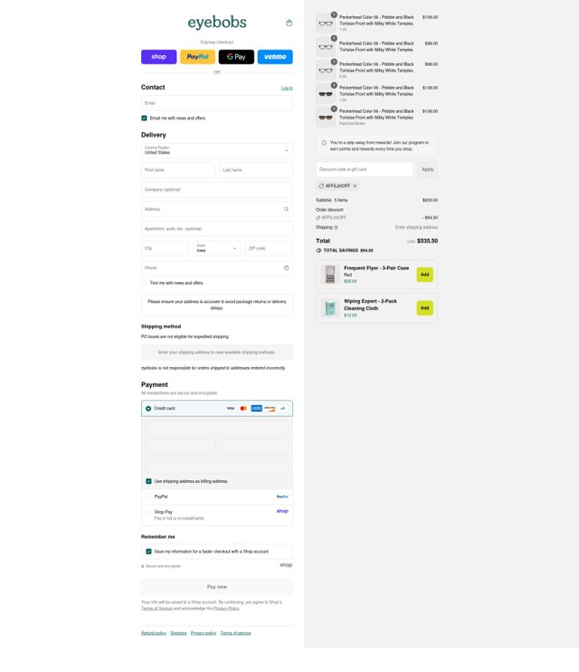 Eye Bobs checkout page showing Eye Bobs promo code box | Screenshot taken by SimplyCodes community member on Sep 6, 2025