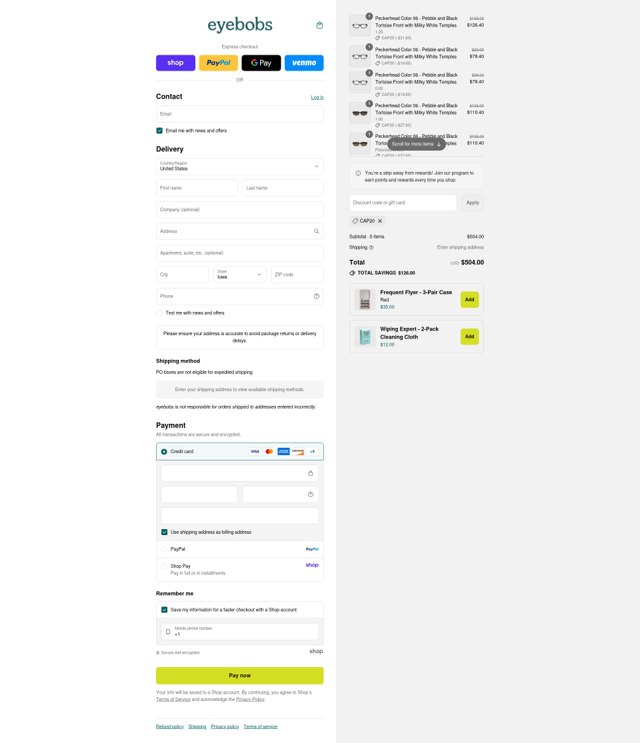Eye Bobs checkout page showing Eye Bobs promo code box | Screenshot taken by SimplyCodes community member on Sep 6, 2025