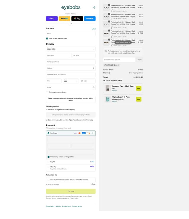 Eye Bobs checkout page showing Eye Bobs promo code box | Screenshot taken by SimplyCodes community member on Sep 6, 2025
