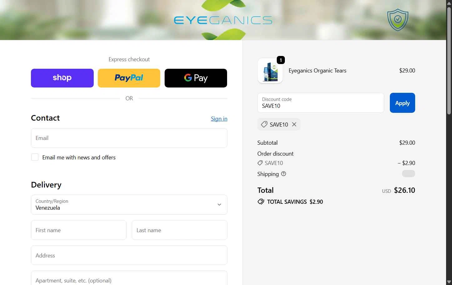 Eyeganics checkout page showing Eyeganics discount code box | Screenshot taken by SimplyCodes community member on Dec 10, 2025