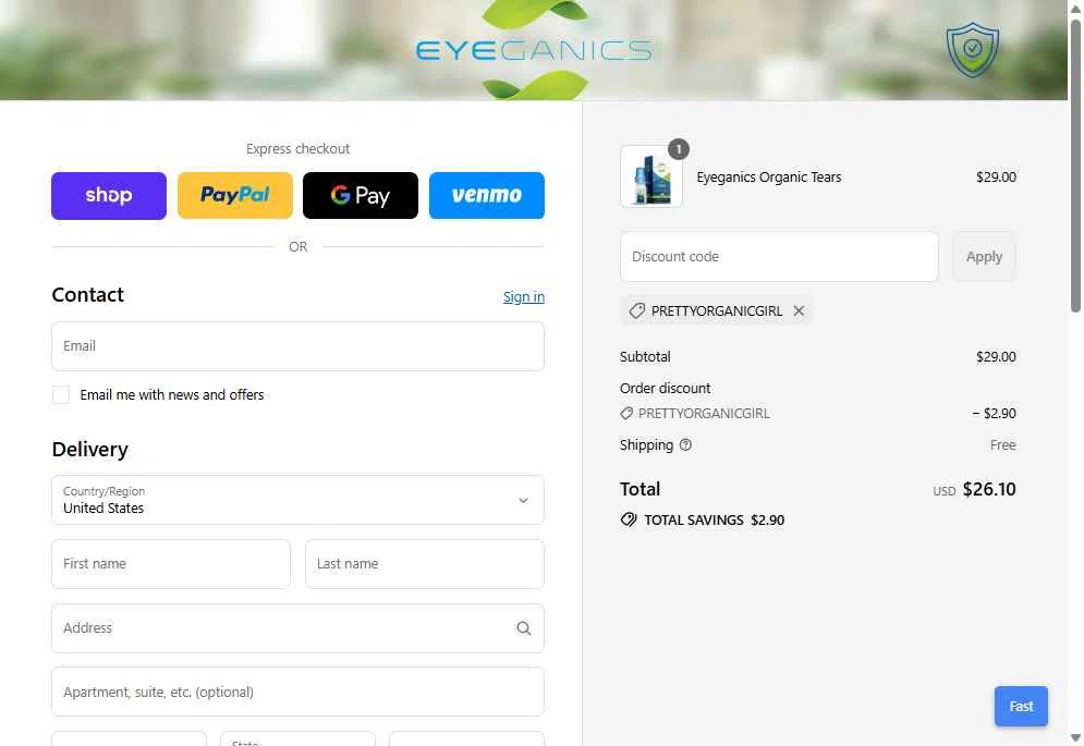 Eyeganics checkout page showing Eyeganics discount code box | Screenshot taken by SimplyCodes community member on Sep 10, 2025