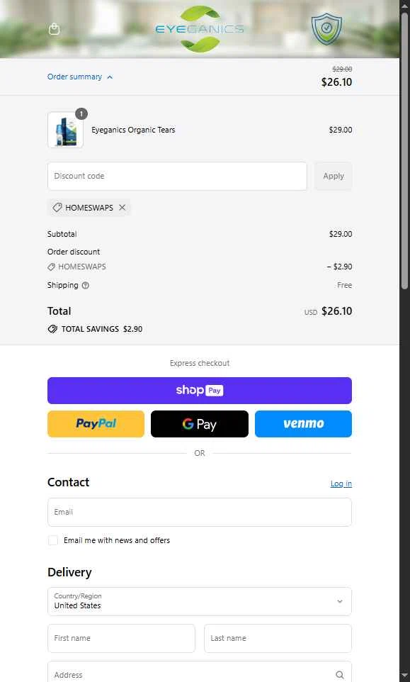 Eyeganics checkout page showing Eyeganics discount code box | Screenshot taken by SimplyCodes community member on Aug 19, 2025