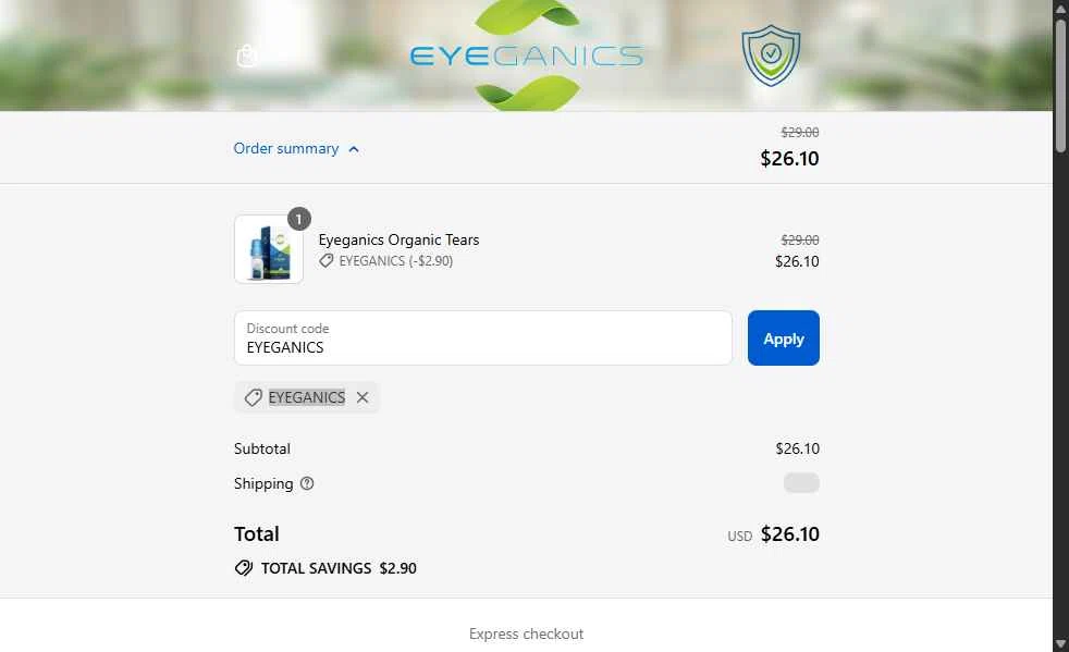 Eyeganics checkout page showing Eyeganics discount code box | Screenshot taken by SimplyCodes community member on Sep 14, 2025