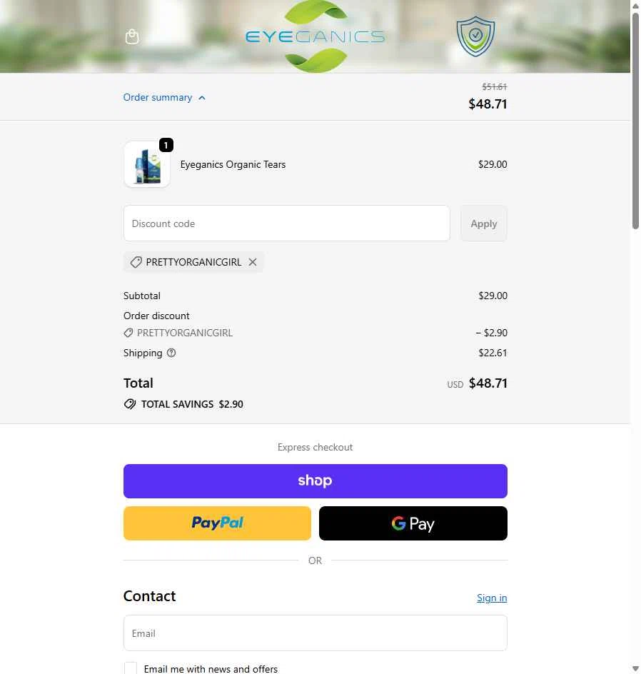 Eyeganics checkout page showing Eyeganics discount code box | Screenshot taken by SimplyCodes community member on Nov 7, 2025