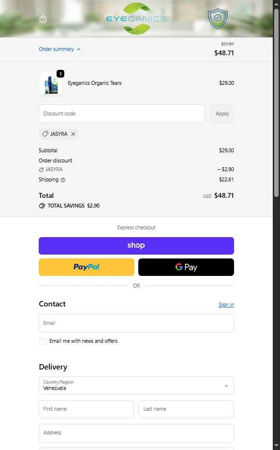 Eyeganics checkout page showing Eyeganics discount code box | Screenshot taken by SimplyCodes community member on Dec 10, 2025