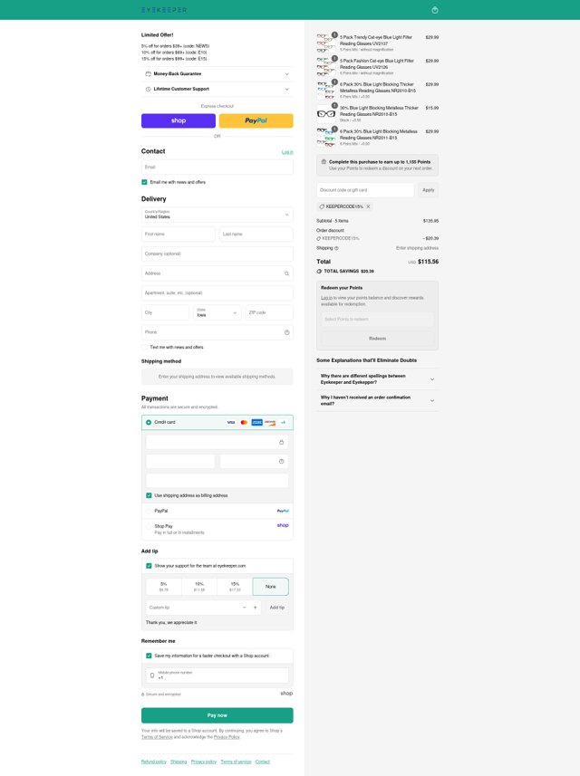 Eyekeeper checkout page showing Eyekeeper discount code box | Screenshot taken by SimplyCodes community member on Sep 5, 2025