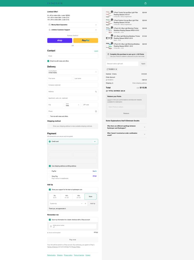 Eyekeeper checkout page showing Eyekeeper discount code box | Screenshot taken by SimplyCodes community member on Sep 5, 2025