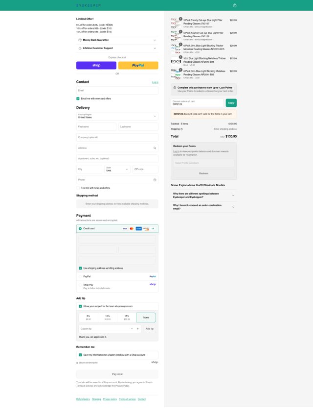 Eyekeeper checkout page showing Eyekeeper discount code box | Screenshot taken by SimplyCodes community member on Sep 5, 2025