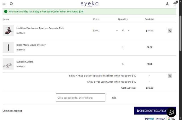 Eyeko checkout page showing Eyeko coupon code box | Screenshot taken by SimplyCodes community member on Aug 16, 2025