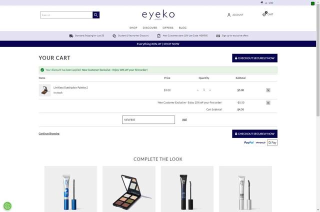 Eyeko checkout page showing Eyeko coupon code box | Screenshot taken by SimplyCodes community member on Aug 17, 2025