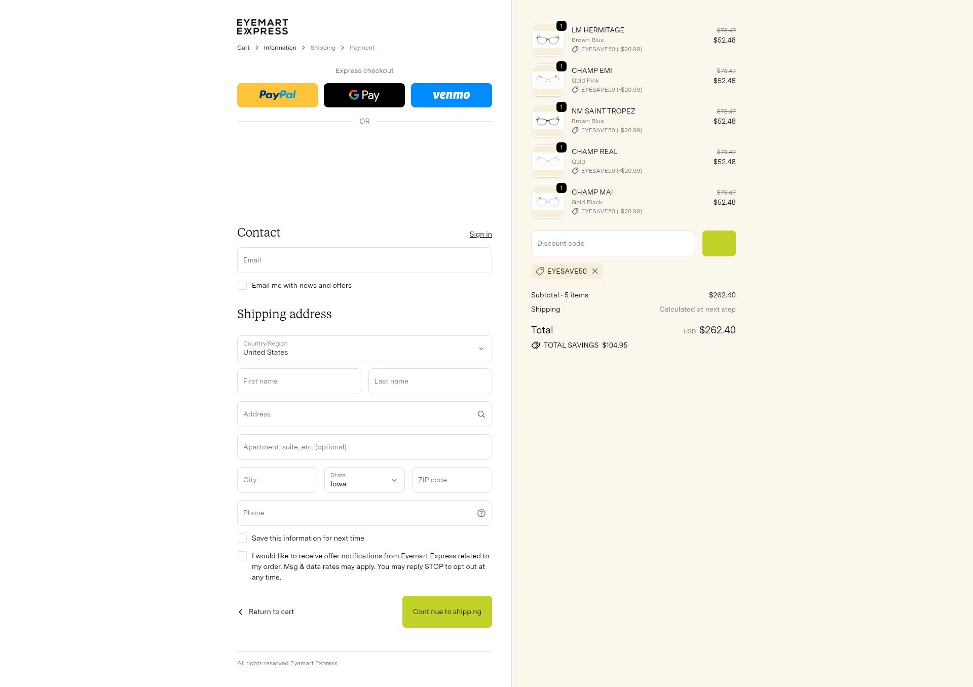 Eyemart Express checkout page showing Eyemart Express promo code box | Screenshot taken by SimplyCodes community member on Jan 21, 2026