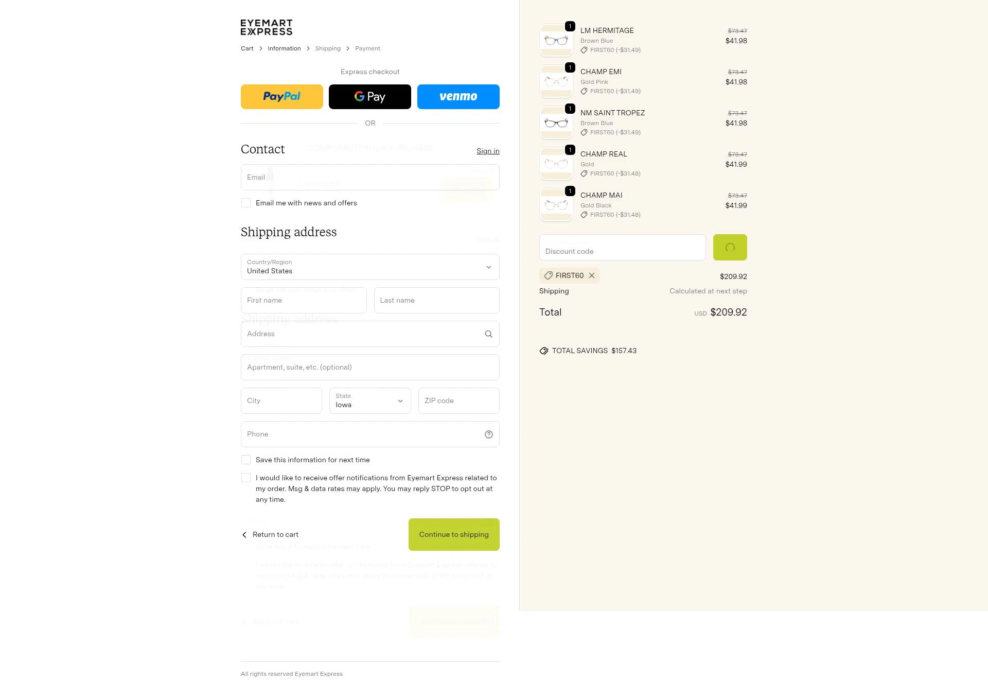 Eyemart Express checkout page showing Eyemart Express promo code box | Screenshot taken by SimplyCodes community member on Jan 21, 2026