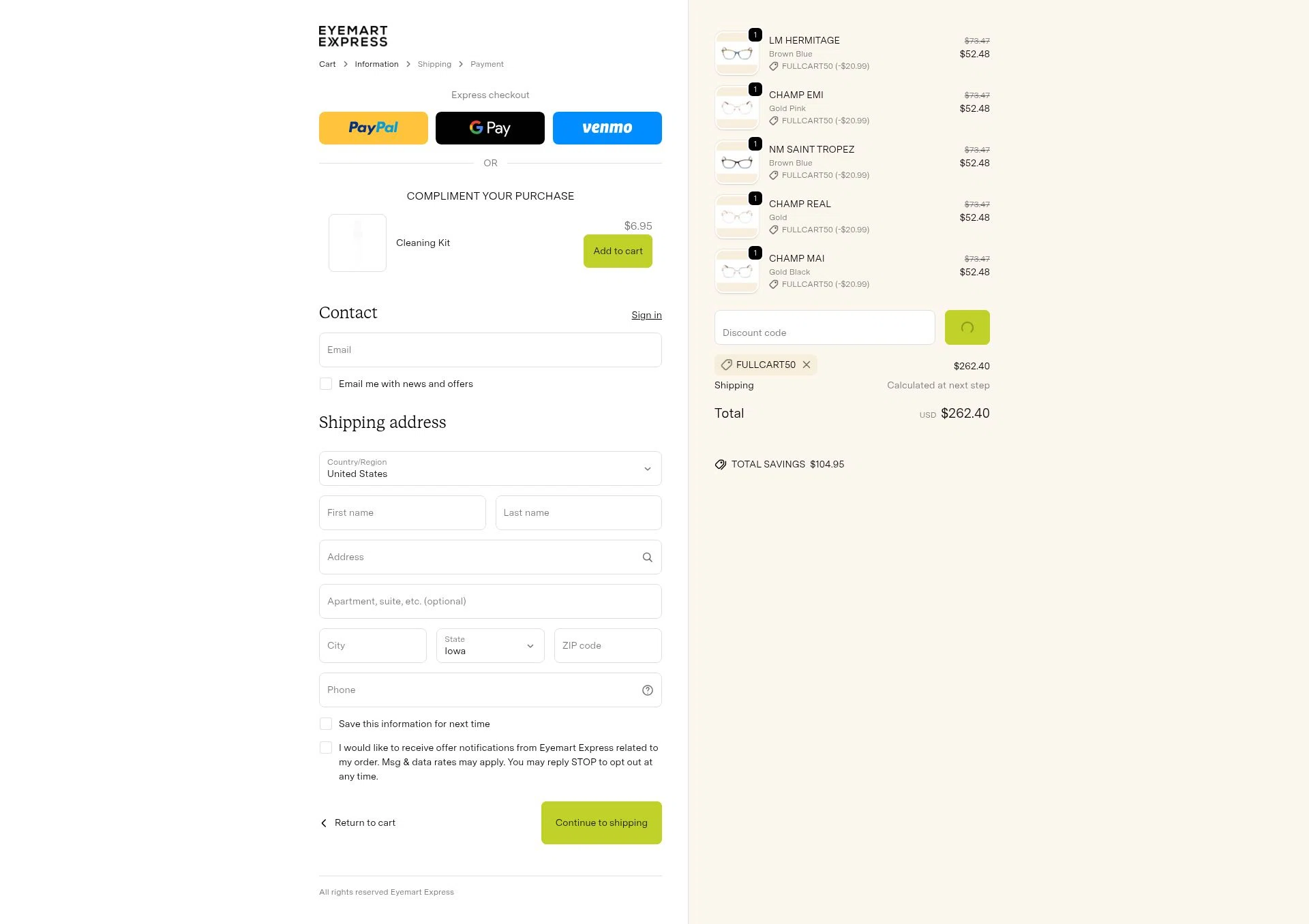 Eyemart Express checkout page showing Eyemart Express promo code box | Screenshot taken by SimplyCodes community member on Jan 21, 2026