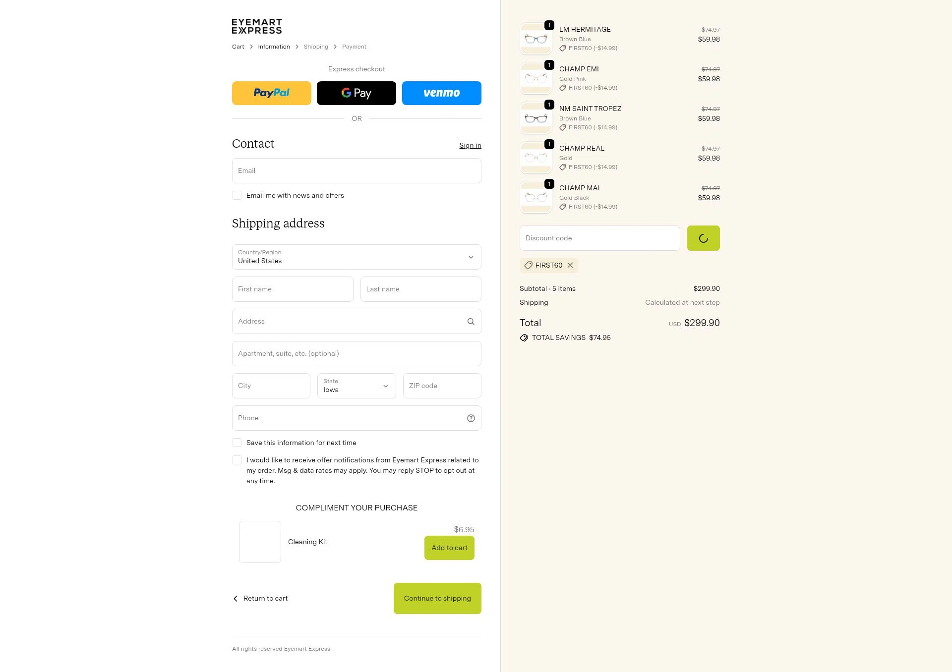 Eyemart Express checkout page showing Eyemart Express promo code box | Screenshot taken by SimplyCodes community member on Jan 16, 2026