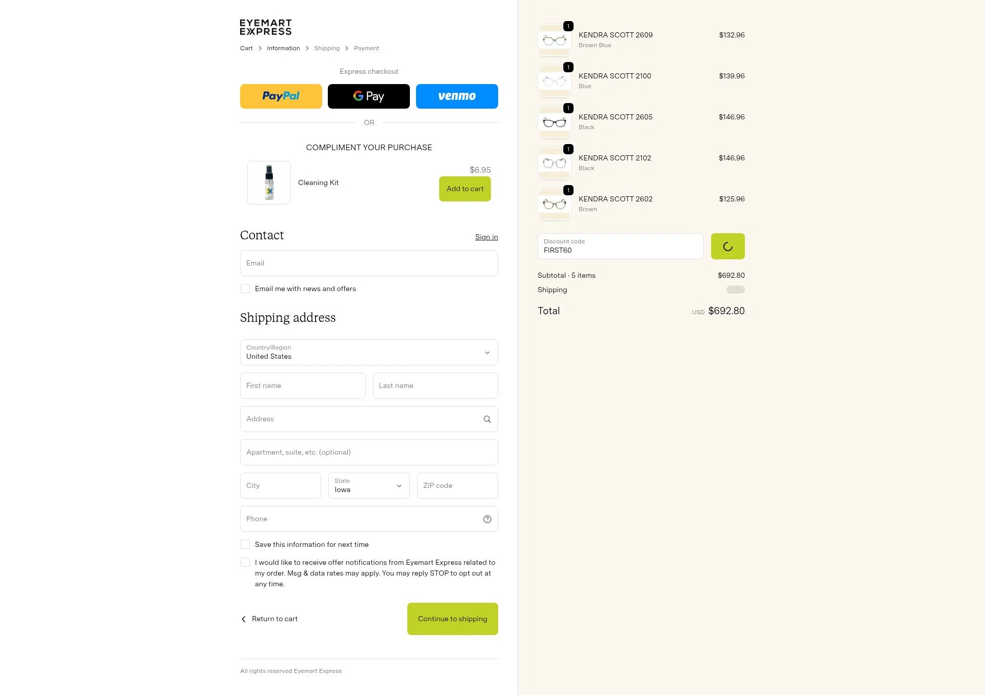 Eyemart Express checkout page showing Eyemart Express promo code box | Screenshot taken by SimplyCodes community member on Feb 3, 2026