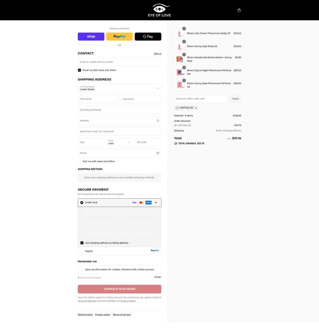 Eye of Love checkout page showing Eye of Love discount code box | Screenshot taken by SimplyCodes community member on Sep 15, 2025