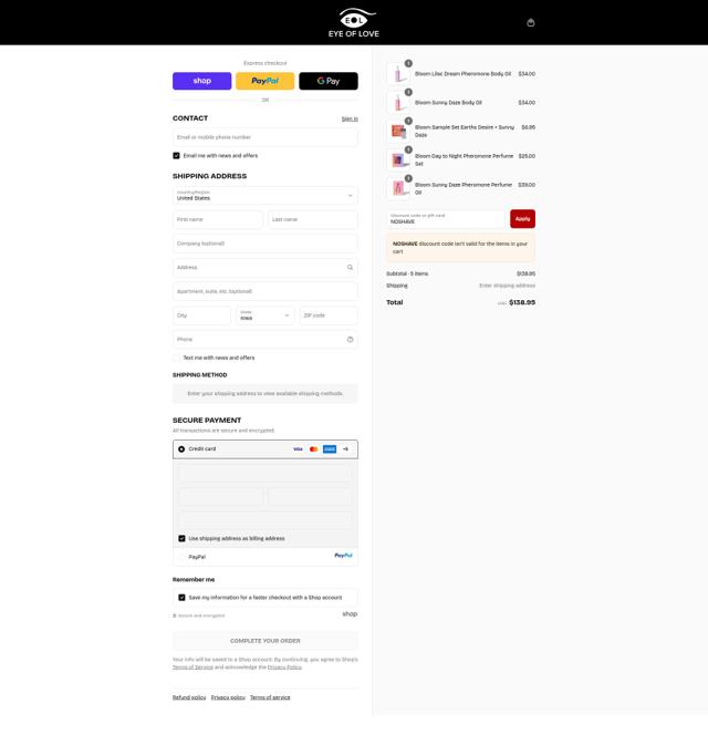 Eye of Love checkout page showing Eye of Love discount code box | Screenshot taken by SimplyCodes community member on Sep 15, 2025