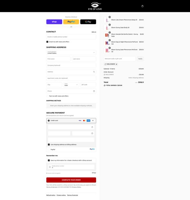 Eye of Love checkout page showing Eye of Love discount code box | Screenshot taken by SimplyCodes community member on Sep 15, 2025