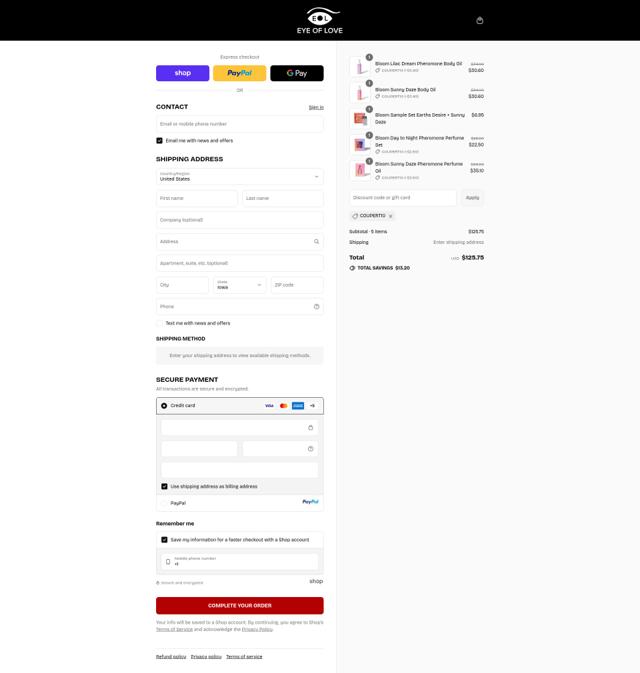 Eye of Love checkout page showing Eye of Love discount code box | Screenshot taken by SimplyCodes community member on Sep 15, 2025