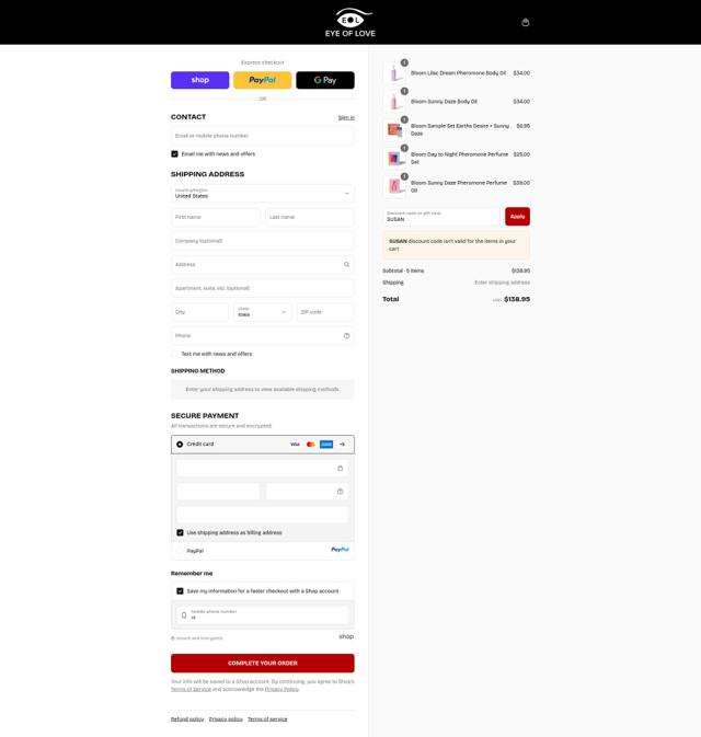 Eye of Love checkout page showing Eye of Love discount code box | Screenshot taken by SimplyCodes community member on Sep 15, 2025