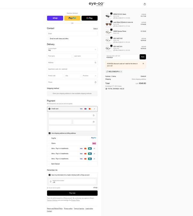 Eye-OO checkout page showing Eye-OO promo code box | Screenshot taken by SimplyCodes community member on Oct 4, 2025