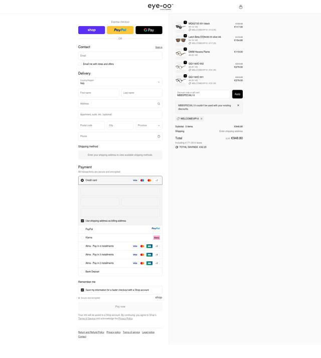 Eye-OO checkout page showing Eye-OO promo code box | Screenshot taken by SimplyCodes community member on Oct 4, 2025