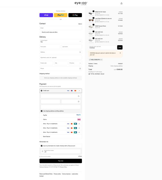 Eye-OO checkout page showing Eye-OO promo code box | Screenshot taken by SimplyCodes community member on Oct 4, 2025