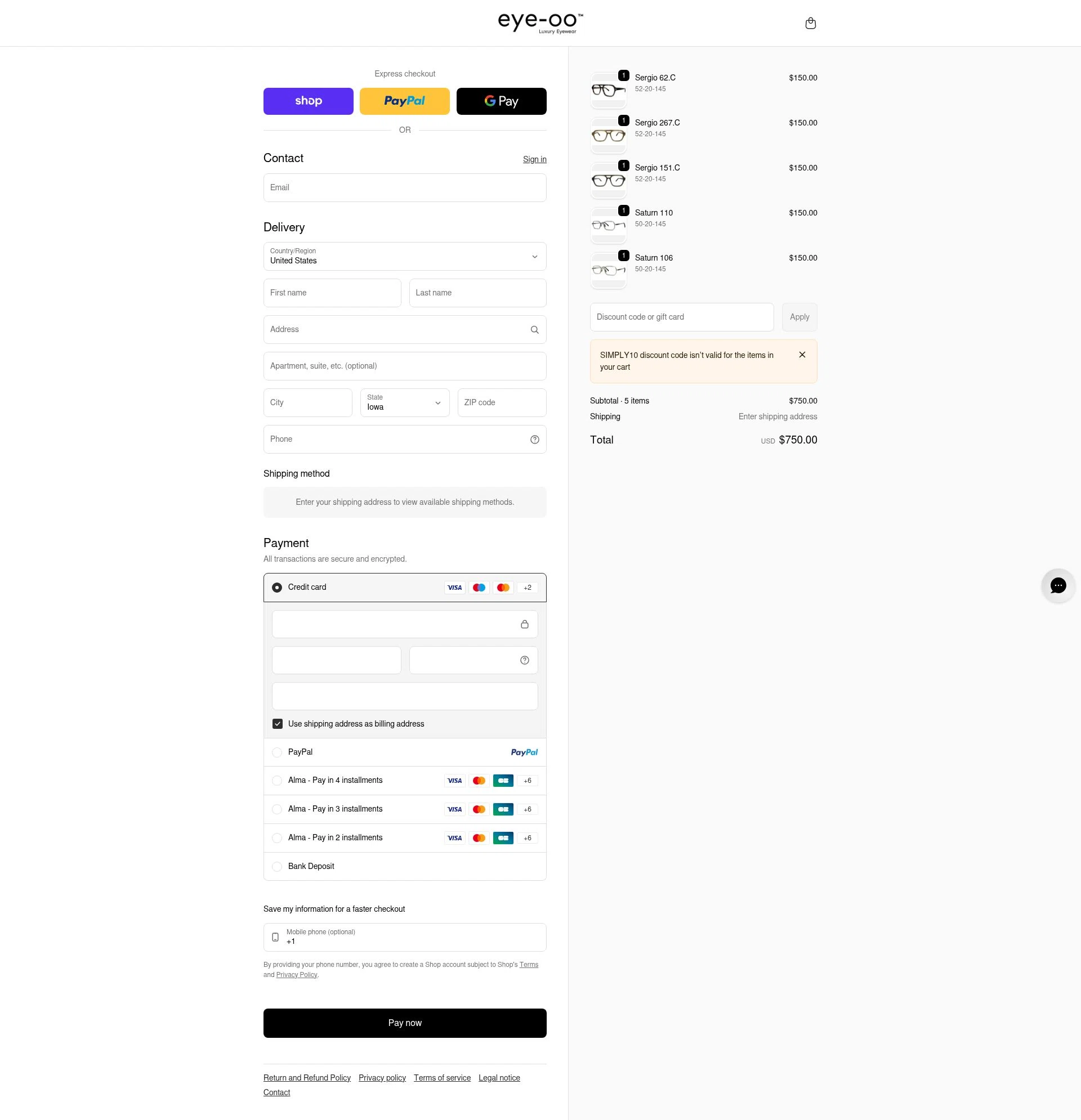 Eye-OO checkout page showing Eye-OO promo code box | Screenshot taken by SimplyCodes community member on Feb 5, 2026