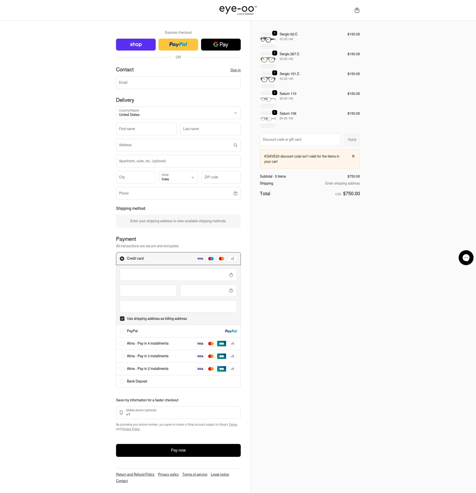 Eye-OO checkout page showing Eye-OO promo code box | Screenshot taken by SimplyCodes community member on Feb 1, 2026
