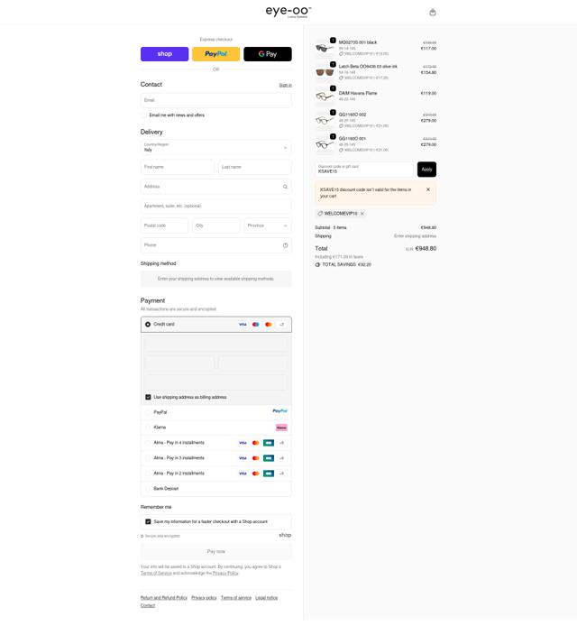 Eye-OO checkout page showing Eye-OO promo code box | Screenshot taken by SimplyCodes community member on Oct 4, 2025