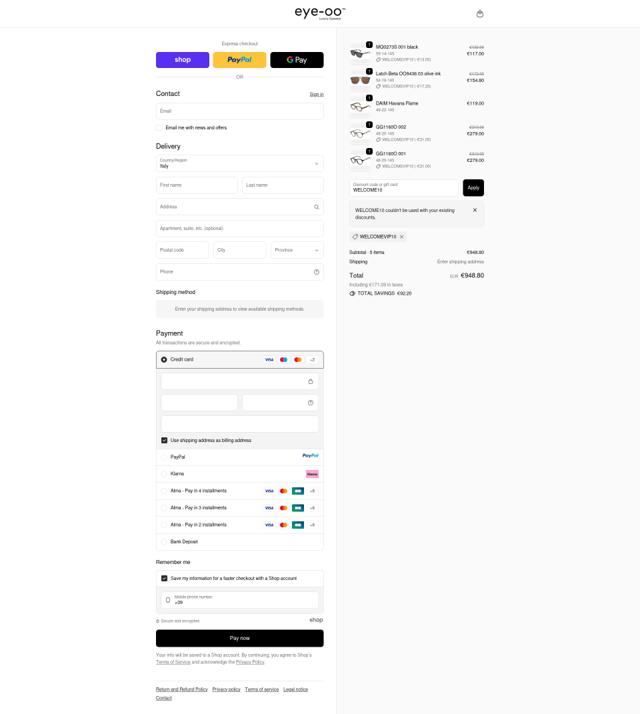 Eye-OO checkout page showing Eye-OO promo code box | Screenshot taken by SimplyCodes community member on Oct 4, 2025