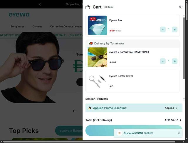 Eyewa checkout page showing Eyewa promo code box | Screenshot taken by SimplyCodes community member on Sep 14, 2025