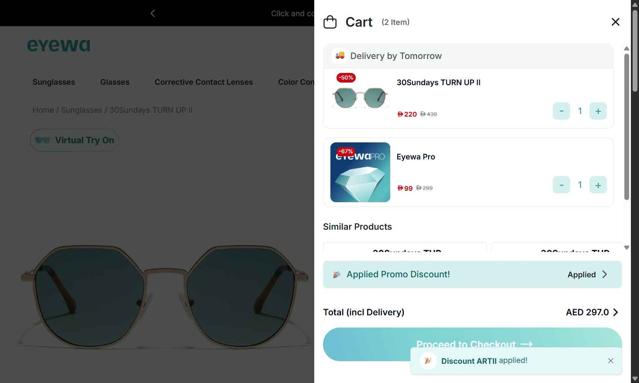 Eyewa checkout page showing Eyewa promo code box | Screenshot taken by SimplyCodes community member on Sep 14, 2025
