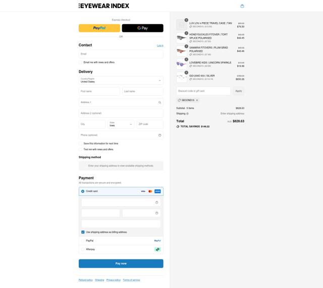 Eyewear Index checkout page showing Eyewear Index discount code box | Screenshot taken by SimplyCodes community member on Aug 31, 2025