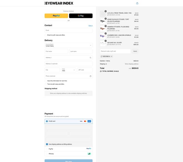 Eyewear Index checkout page showing Eyewear Index discount code box | Screenshot taken by SimplyCodes community member on Sep 12, 2025