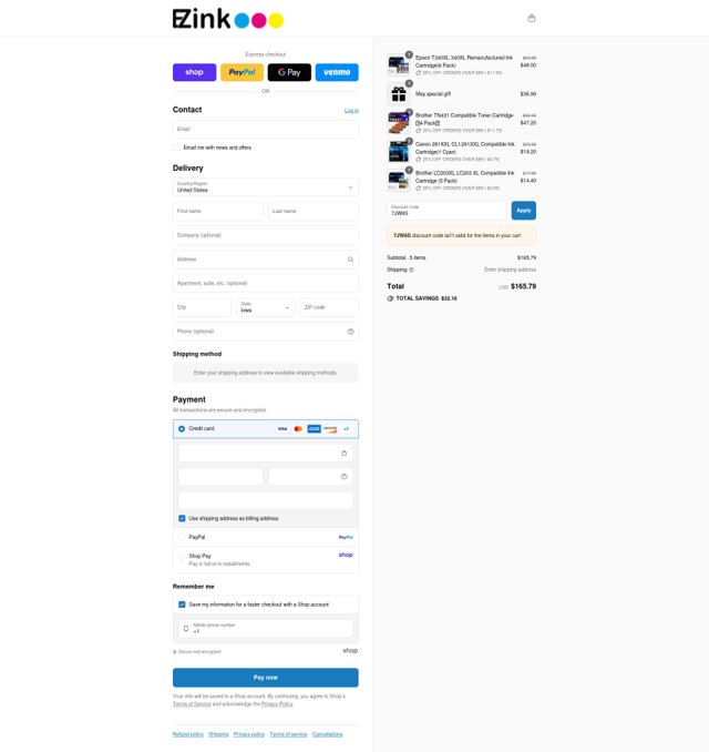 E-Z Ink checkout page showing E-Z Ink discount code box | Screenshot taken by SimplyCodes community member on Sep 4, 2025