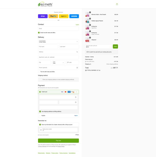 EZ Melts checkout page showing EZ Melts discount code box | Screenshot taken by SimplyCodes community member on Sep 2, 2025