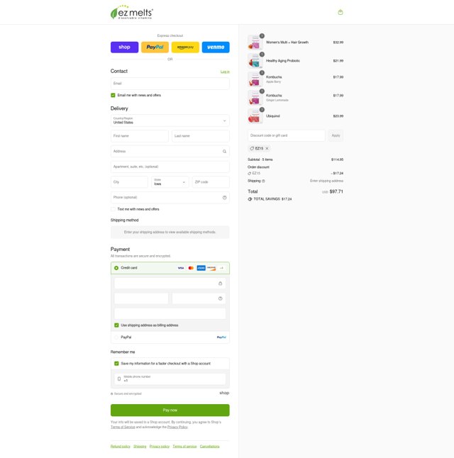 EZ Melts checkout page showing EZ Melts discount code box | Screenshot taken by SimplyCodes community member on Sep 2, 2025