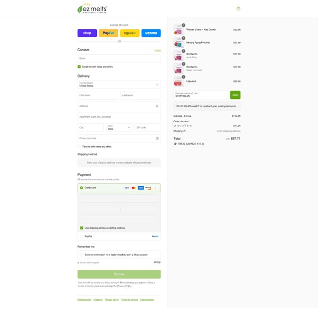 EZ Melts checkout page showing EZ Melts discount code box | Screenshot taken by SimplyCodes community member on Sep 2, 2025