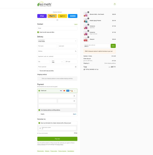 EZ Melts checkout page showing EZ Melts discount code box | Screenshot taken by SimplyCodes community member on Sep 2, 2025