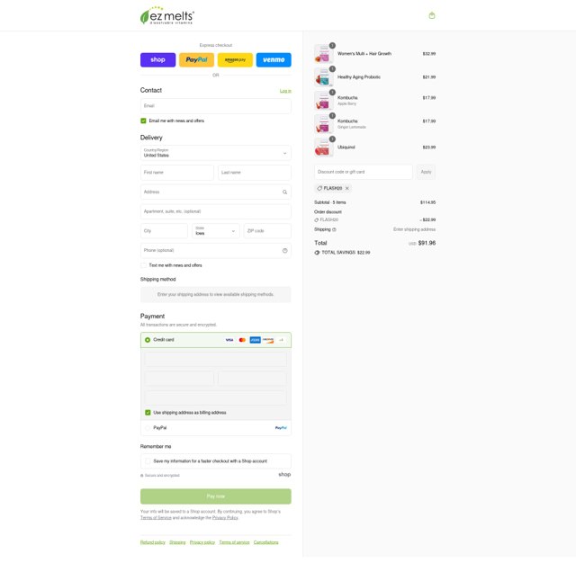 EZ Melts checkout page showing EZ Melts discount code box | Screenshot taken by SimplyCodes community member on Sep 2, 2025