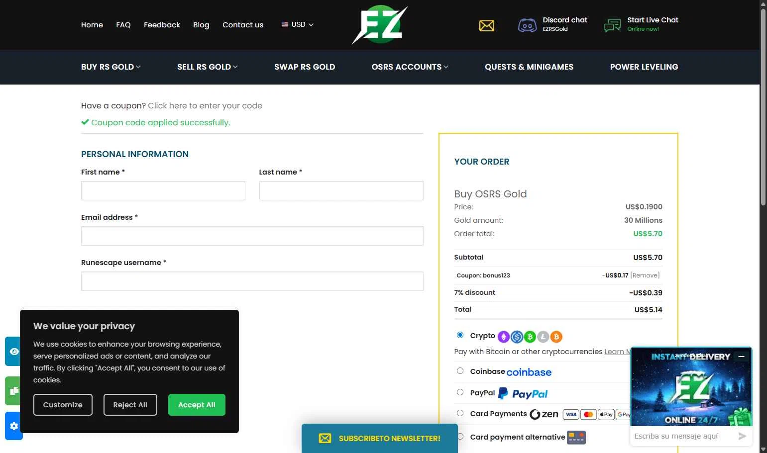 EZRSGold checkout page showing EZRSGold discount code box | Screenshot taken by SimplyCodes community member on Jan 14, 2026