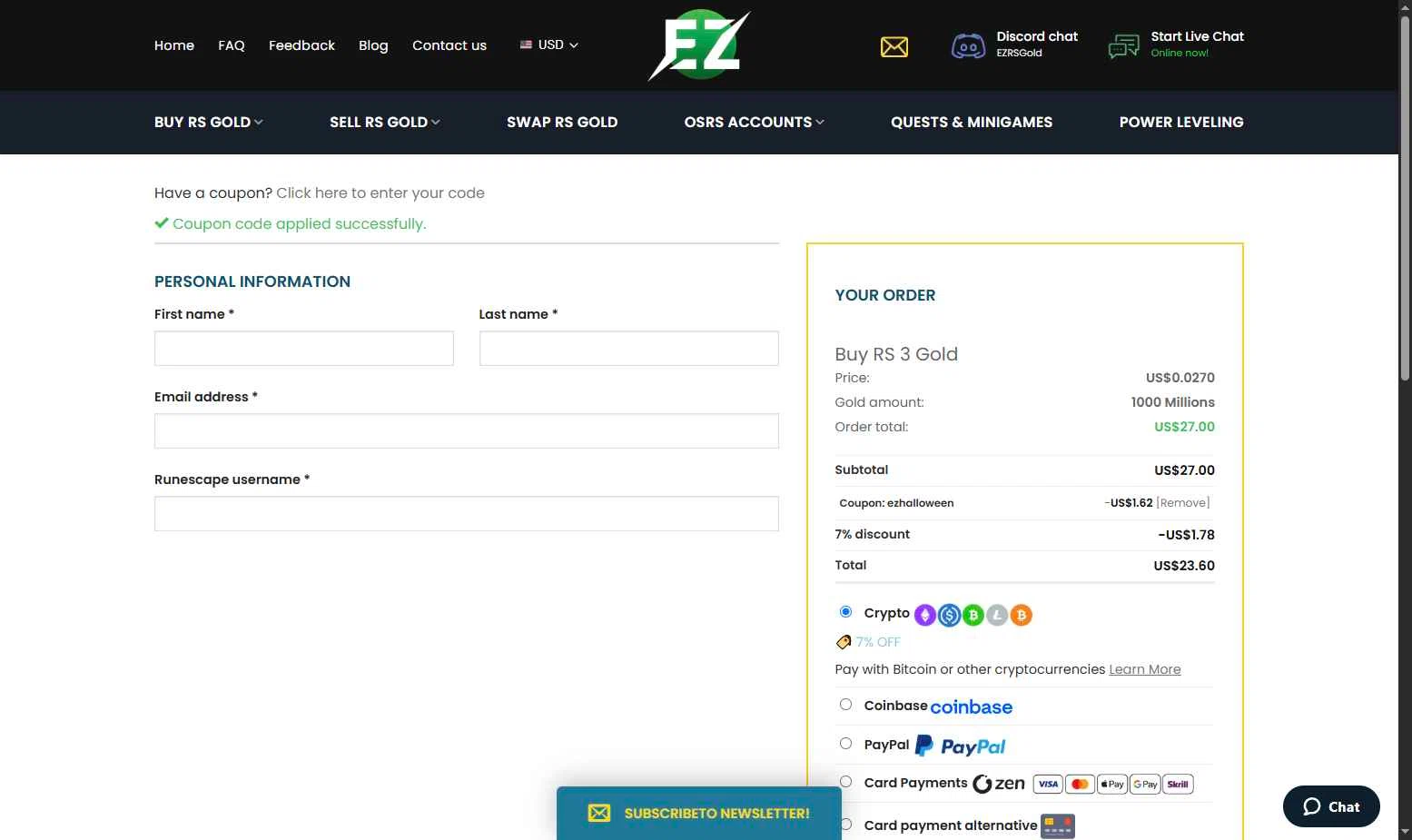 EZRSGold checkout page showing EZRSGold discount code box | Screenshot taken by SimplyCodes community member on Oct 19, 2025