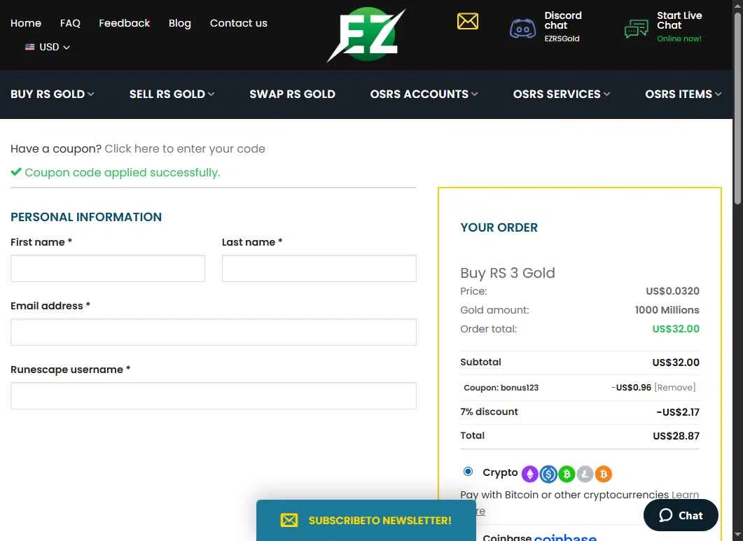 EZRSGold checkout page showing EZRSGold discount code box | Screenshot taken by SimplyCodes community member on Feb 12, 2026