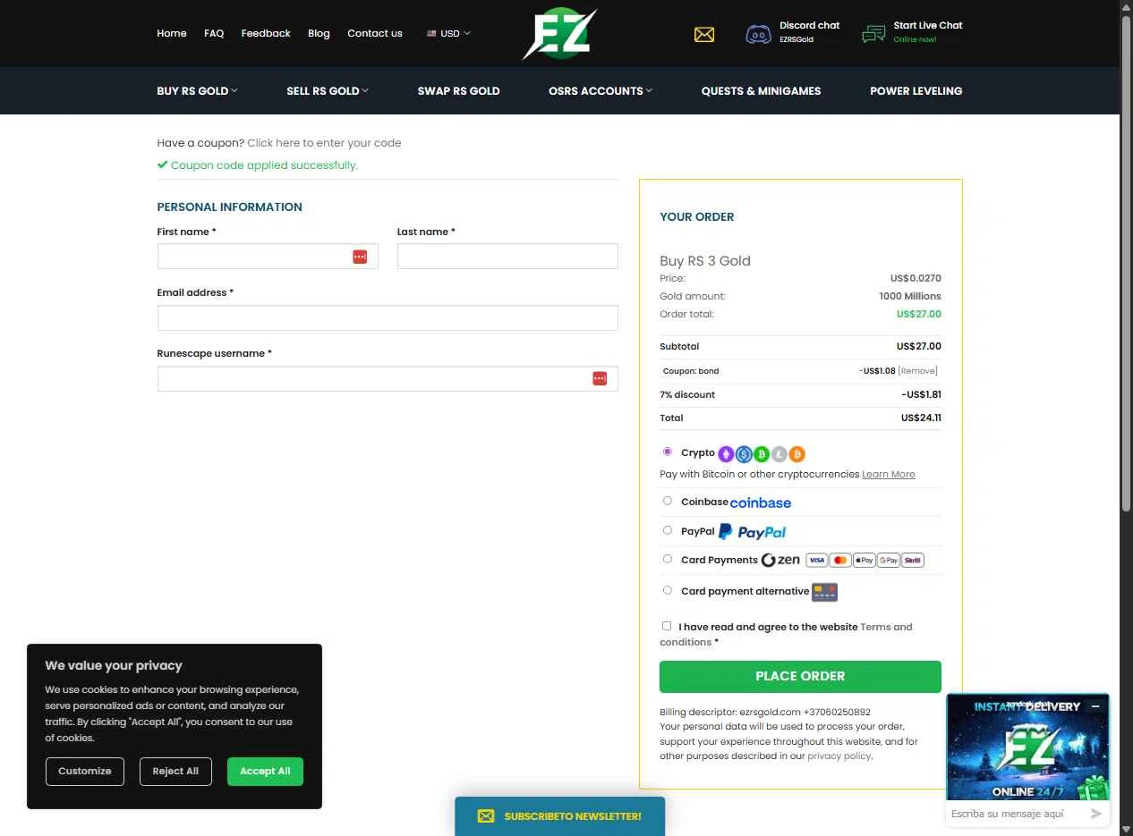 EZRSGold checkout page showing EZRSGold discount code box | Screenshot taken by SimplyCodes community member on Dec 16, 2025