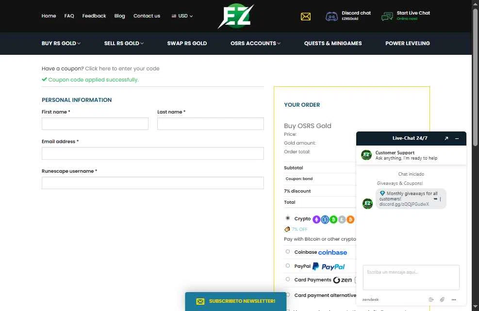 EZRSGold checkout page showing EZRSGold discount code box | Screenshot taken by SimplyCodes community member on Nov 17, 2025