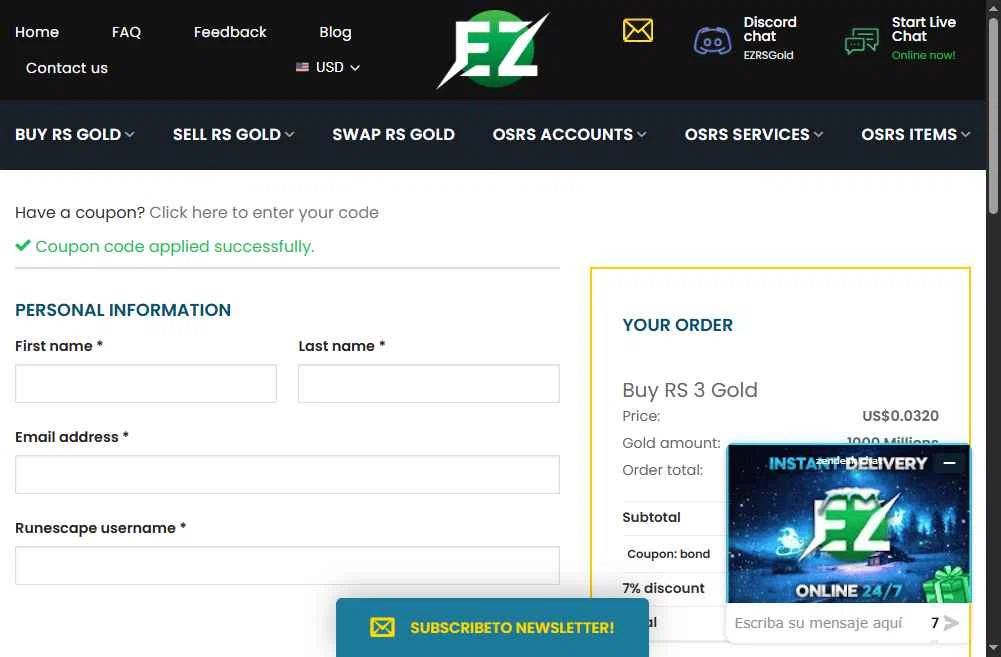 EZRSGold checkout page showing EZRSGold discount code box | Screenshot taken by SimplyCodes community member on Feb 12, 2026
